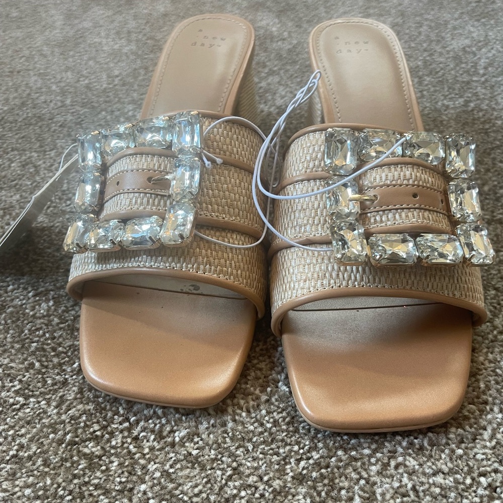 A New Day Tan Embellished Slide Sandals with Boxed Hill Raffia. Super Cute!